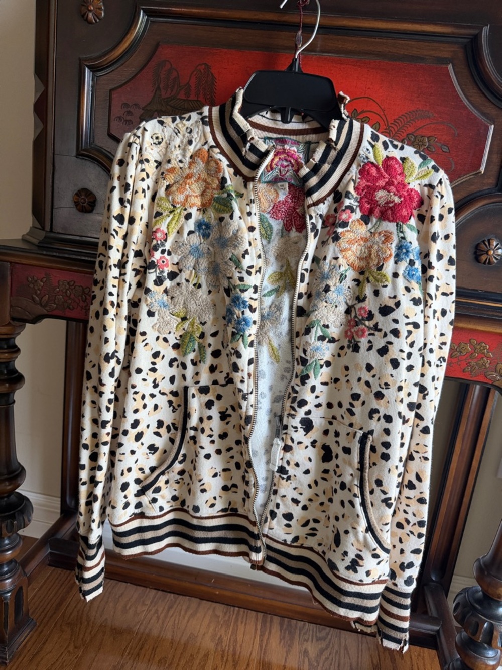 Johnny Was DistressdFloral Embroidered Cream Bomber Jacket with Black Spot Print